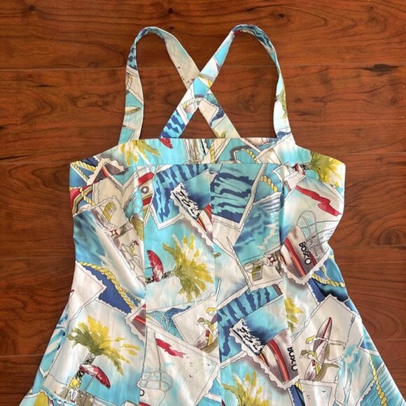 Depeche Mode White and Blue Sleeveless Vacation Palm Tree Boat Summer Dress - Picture 6 of 12